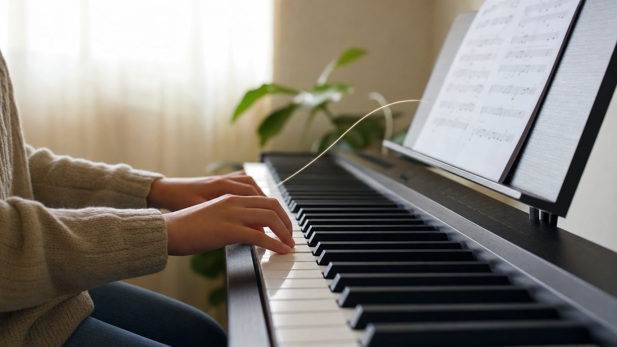 Pessoa iniciante relacionando uma partitura a notas tocadas no teclado