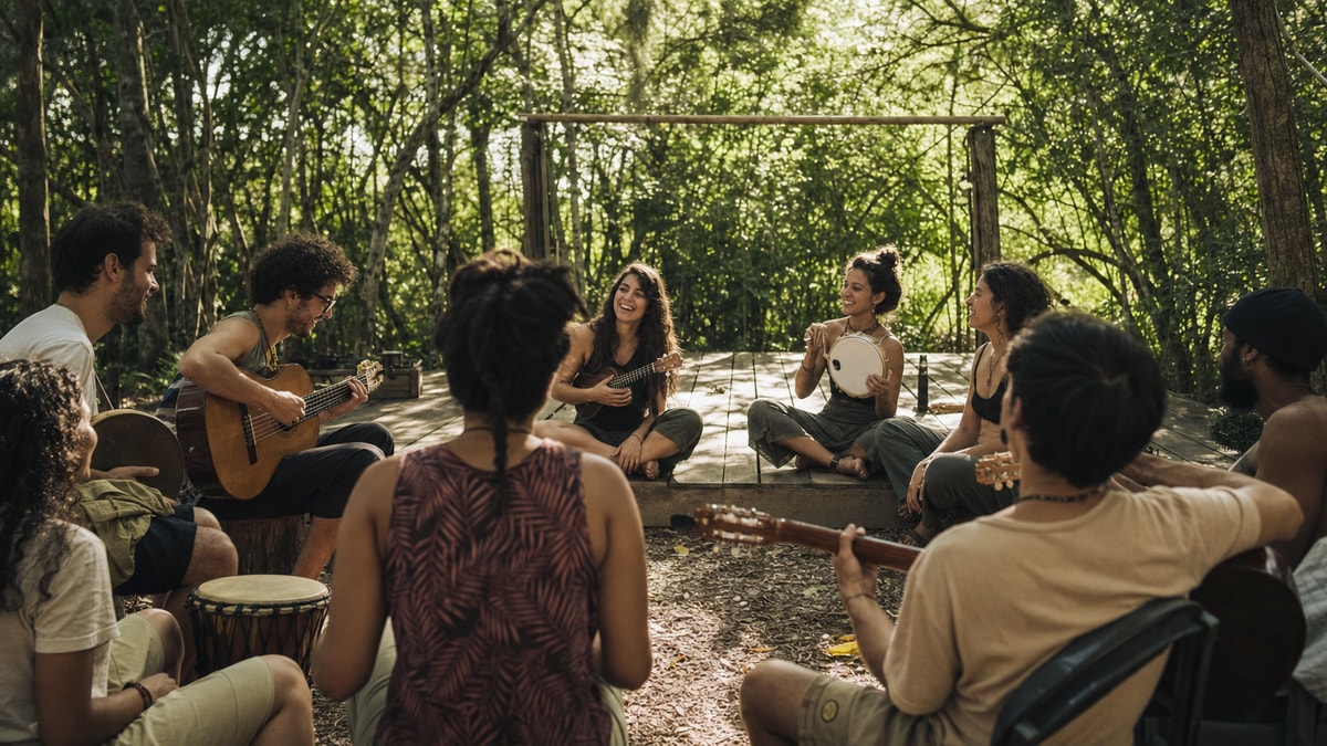 Nova geração de campistas Jovens campistas ensaiam música ao ar livre em um acampamento artístico