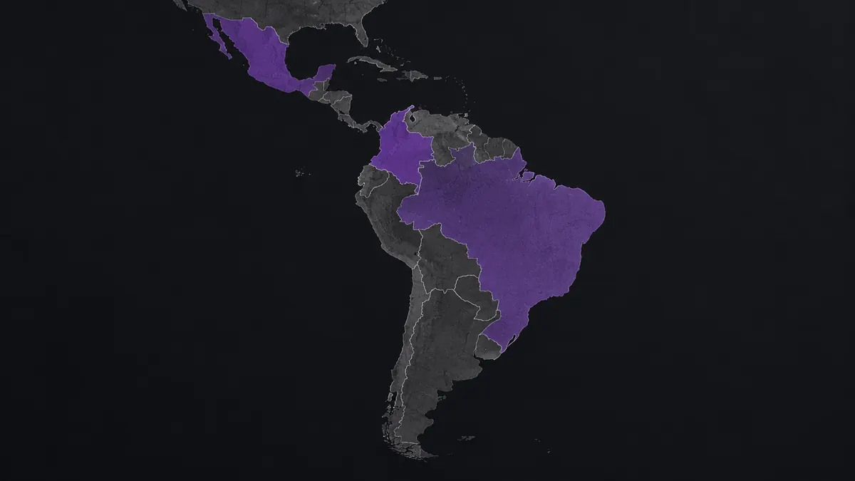 Mapa da América Latina com Brasil, México e Colômbia destacados