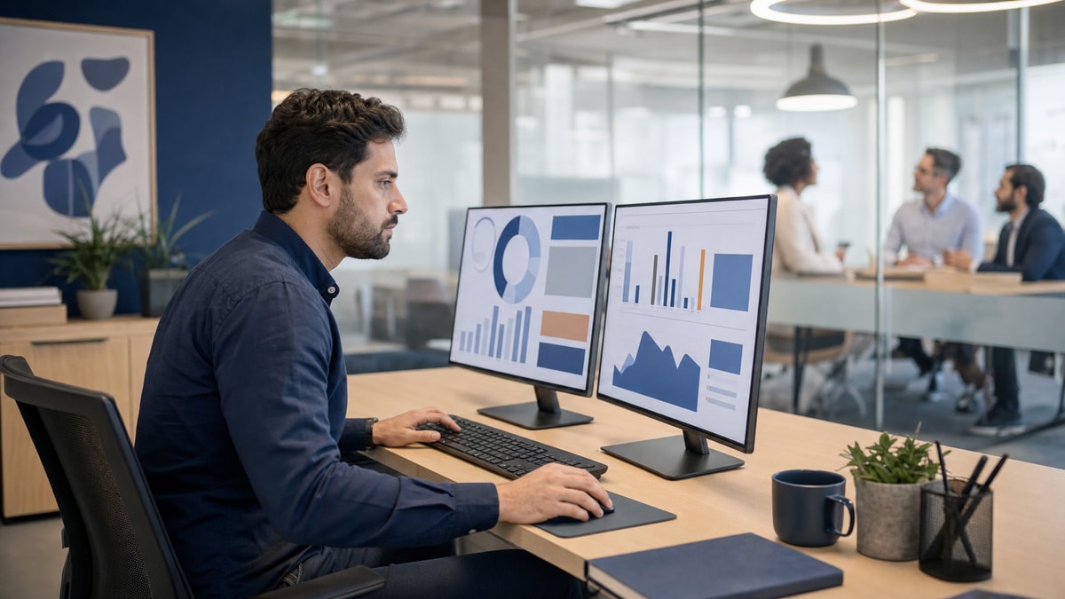 Uso de sistema de trabalho no ambiente corporativo Profissional utilizando um sistema corporativo em estação de trabalho de escritório aberto.