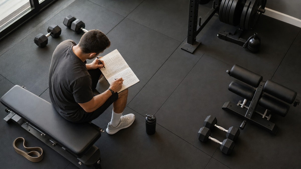 Equipamentos e anotações não legíveis organizados para uma sessão de treino de glúteos
