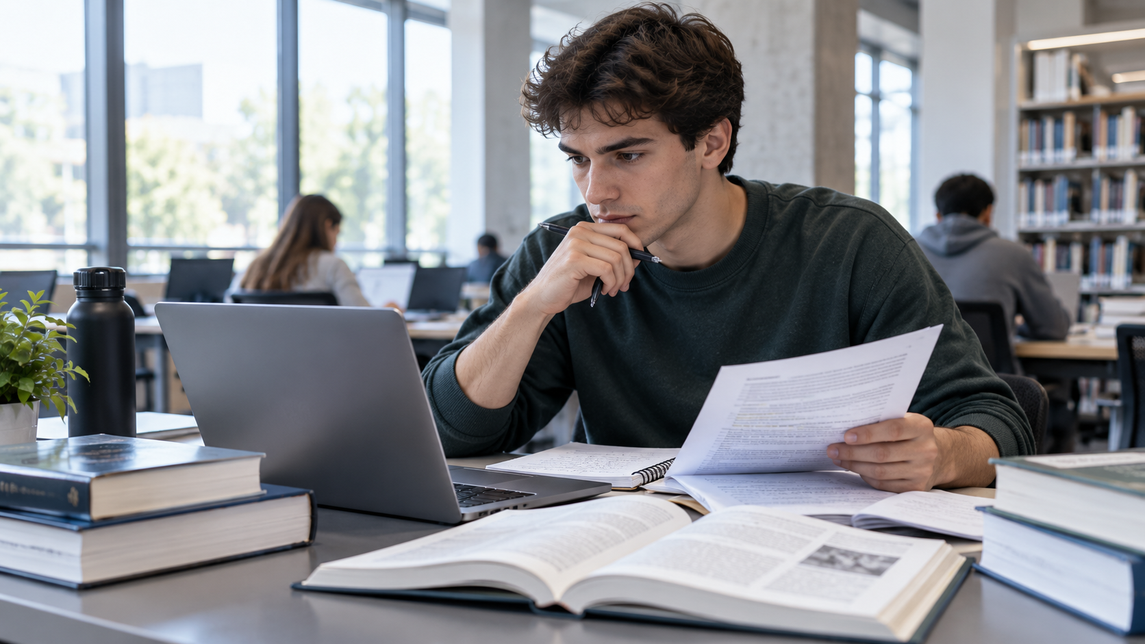 Estudante organiza materiais e tarefas da faculdade com notebook, caderno e ferramentas digitais