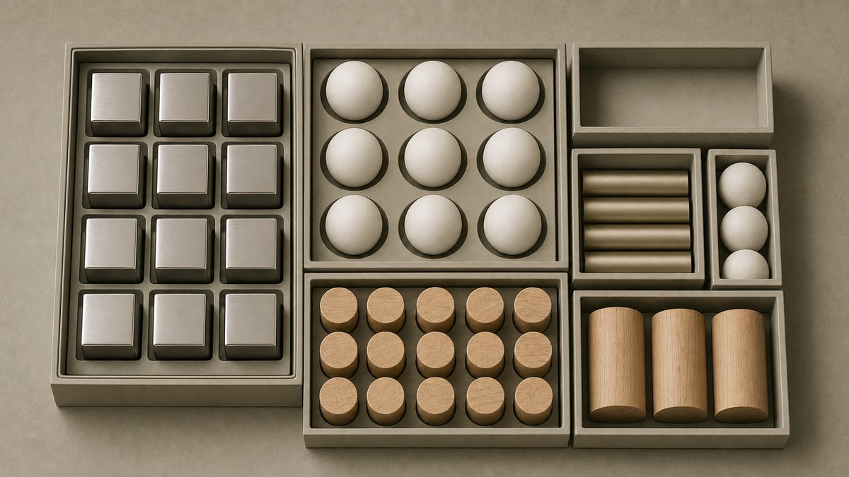 Organização de variáveis e tipos de dados Compartimentos organizadores com diferentes formas geométricas ilustrando o conceito de variáveis tipadas.