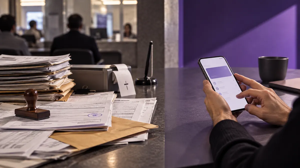 Pessoa compara documentos bancários com uma experiência financeira em smartphone