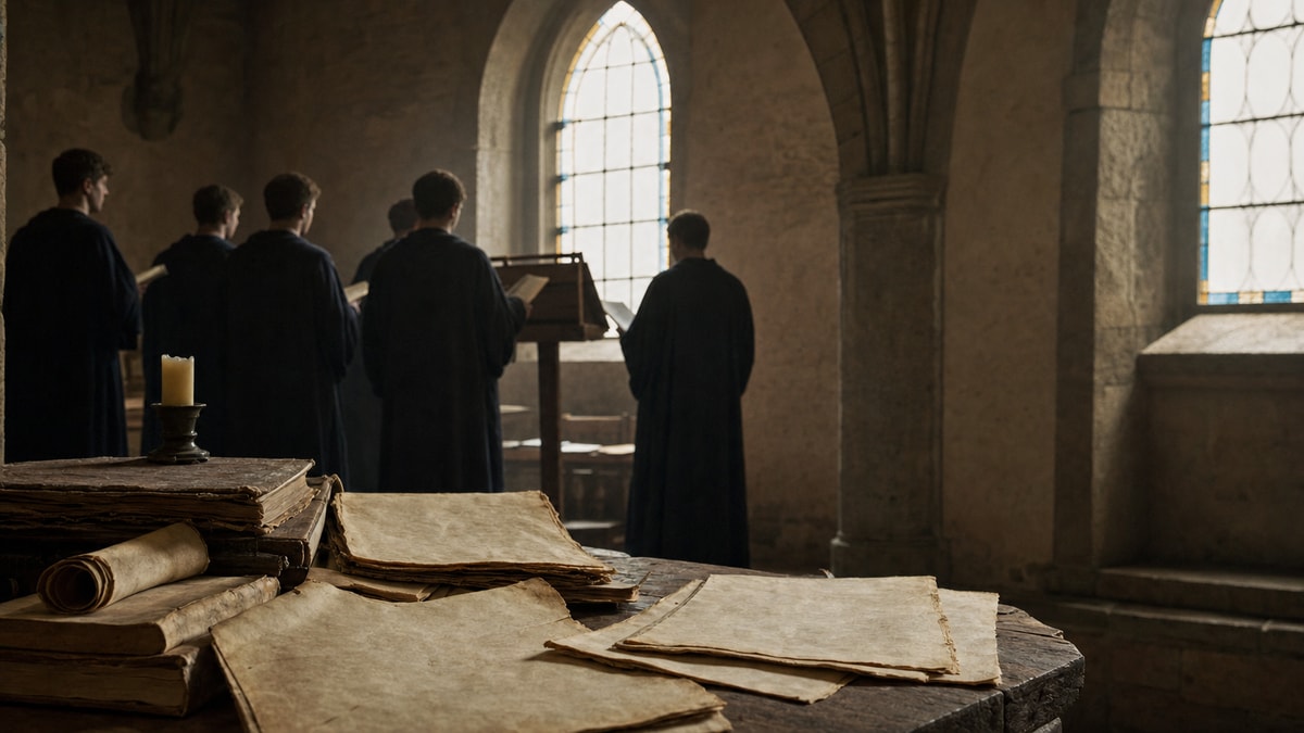 Cantores em uma capela diante de manuscritos que representam as origens da música clássica