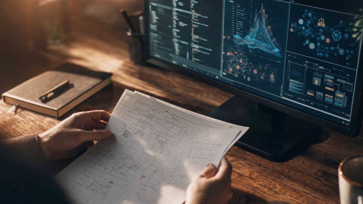 Ambiente de desenvolvimento com telas exibindo painéis de configuração técnica e ajuste de parâmetros de software.