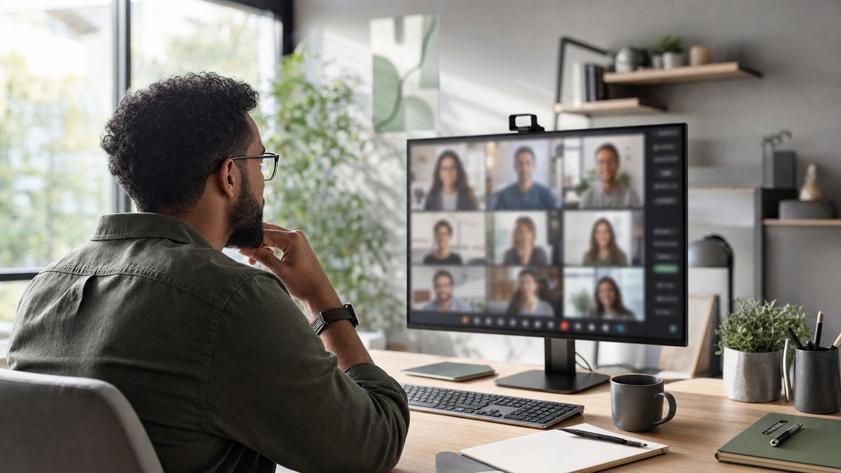 Visão sobre o ombro de profissional acompanhando interação colaborativa em comunidade online.