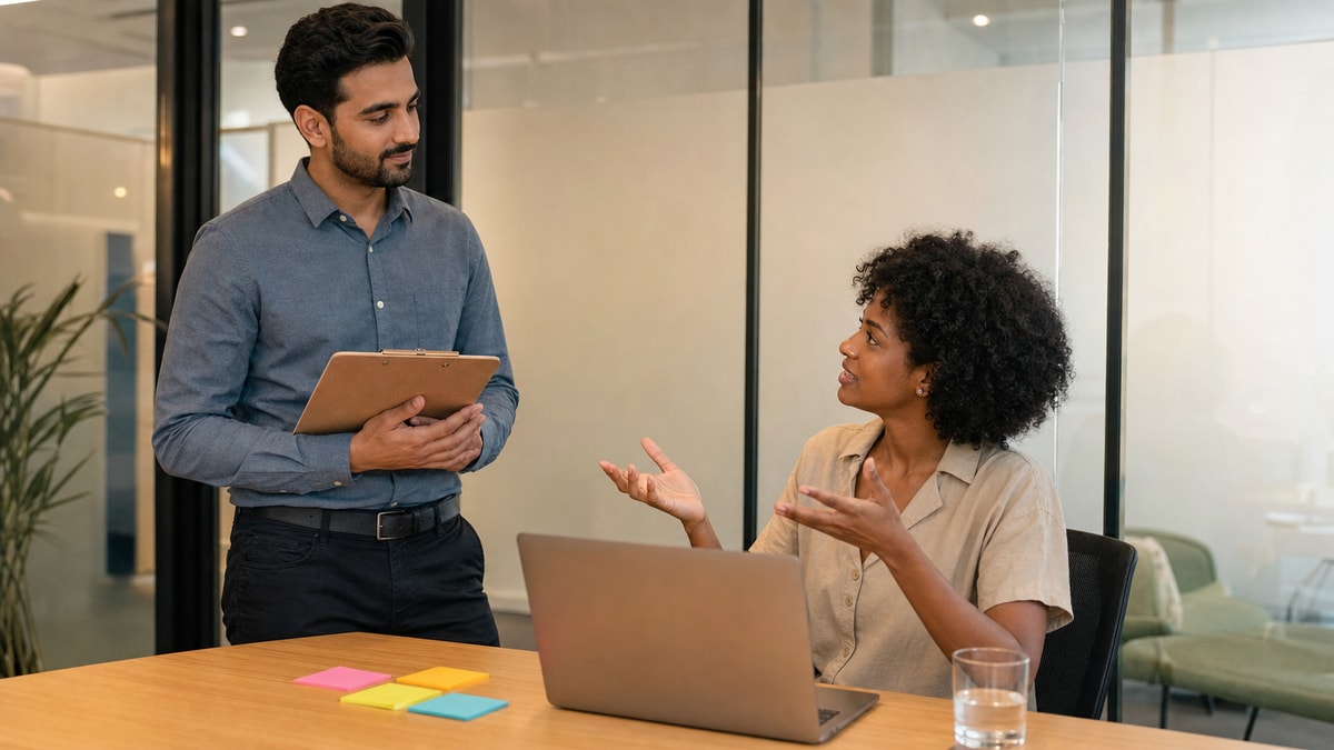 Colaboração entre analista e usuário no UAT Analista de negócios conversando com usuário final em sessão de avaliação de software.
