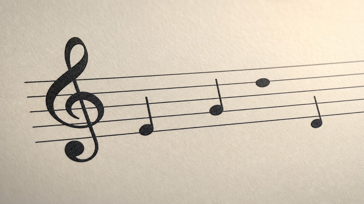 Pauta musical com clave de Sol e notas distribuídas nas linhas e nos espaços