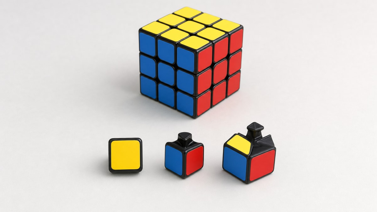 Peças do cubo 3x3 Cubo mágico 3x3 e suas peças de centro, meio e canto organizadas
