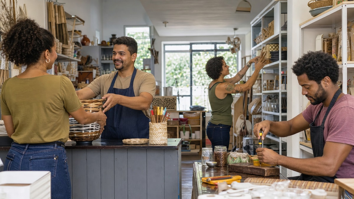 Quem empreende no Brasil Empreendedores de perfis diversos trabalham em um pequeno comércio brasileiro