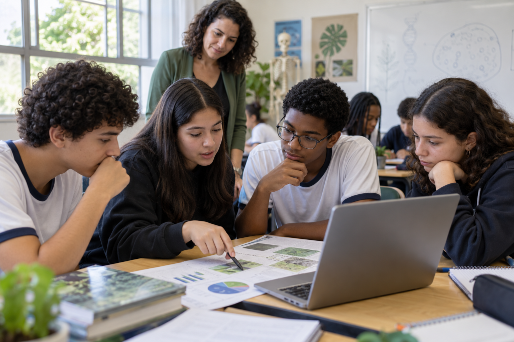 Estudantes do Ensino Médio realizam atividade de Ciências em grupo após a divulgação dos resultados do Pisa 2025