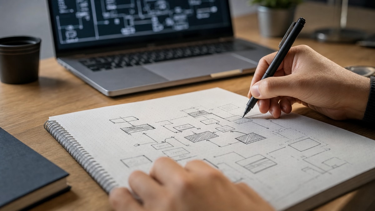 Mão desenhando fluxos lógicos e módulos de um sistema em caderno quadriculado sobre mesa de trabalho