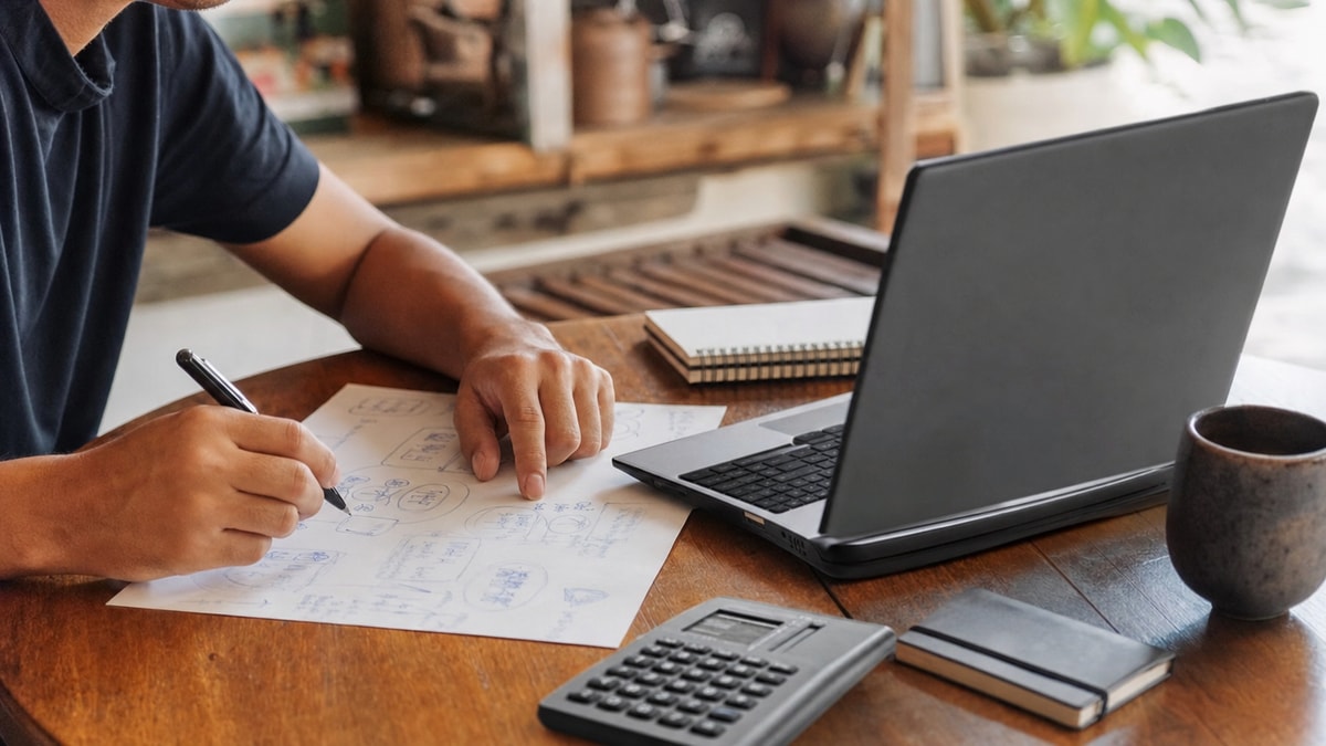 Planejamento e capacitação Pessoa empreendedora revisa o planejamento e materiais de estudo do negócio