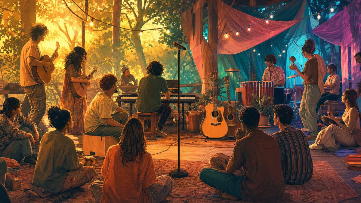 Uma ponte entre gerações Adolescentes e adultos jovens colaboram em um ensaio musical que simboliza a ponte entre gerações
