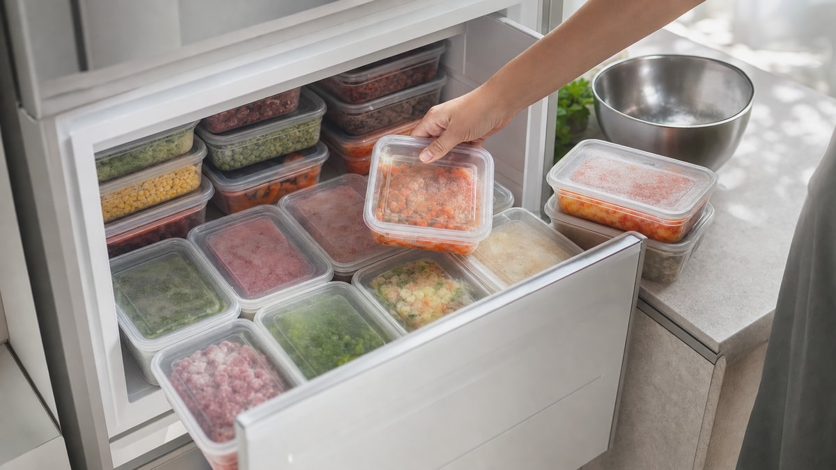 Porções congeladas organizadas Porções caseiras organizadas no freezer para evitar desperdício de alimentos