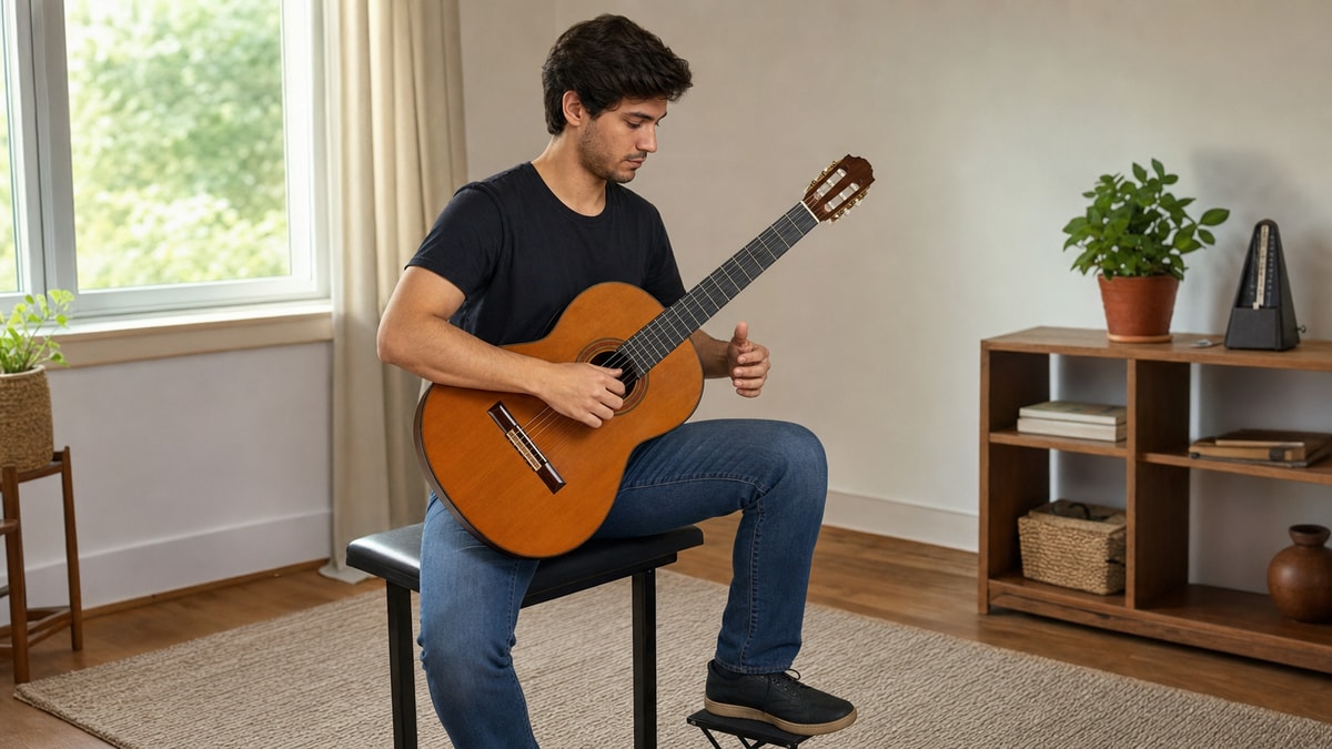 Pessoa iniciante ajustando a postura com um violão