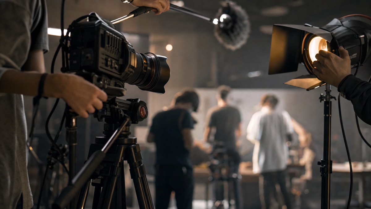 Estudantes ajustam câmera, microfone e iluminação durante uma atividade prática de filmagem.