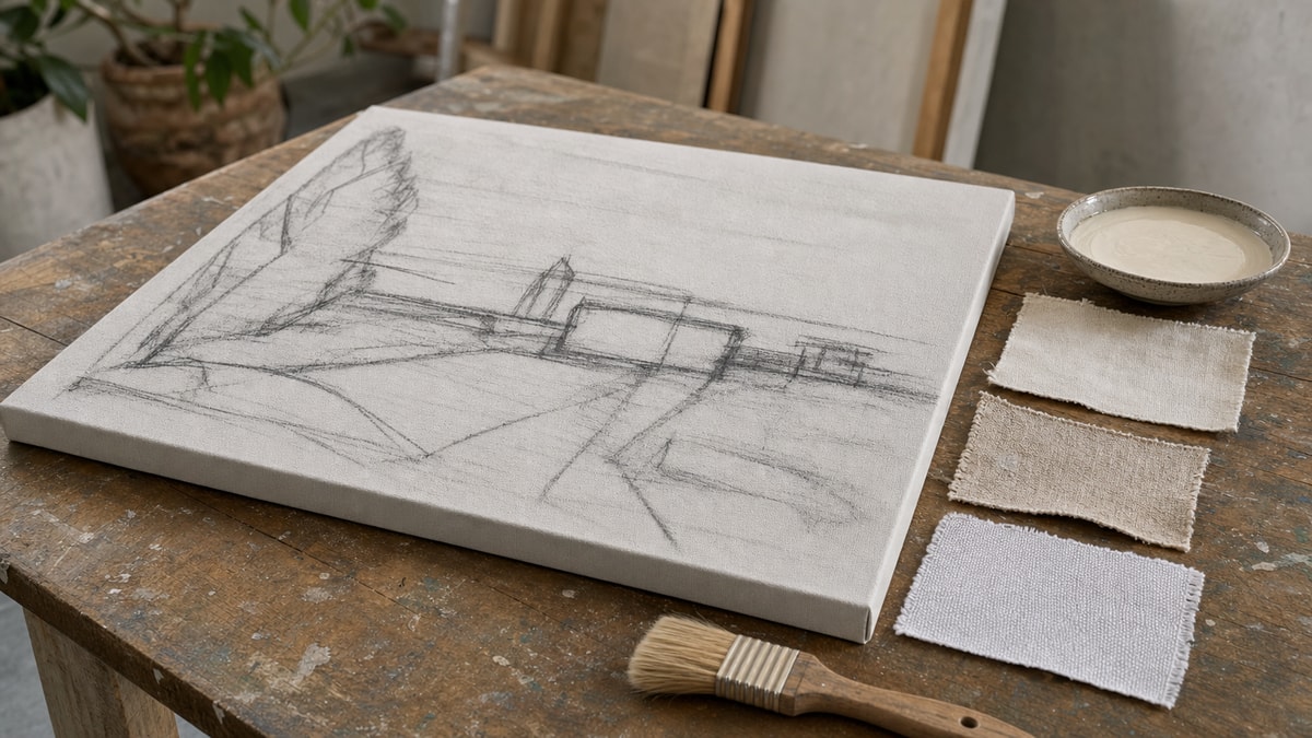 Esboço antes da pintura Tela preparada com esboço a carvão para planejar a composição antes da pintura