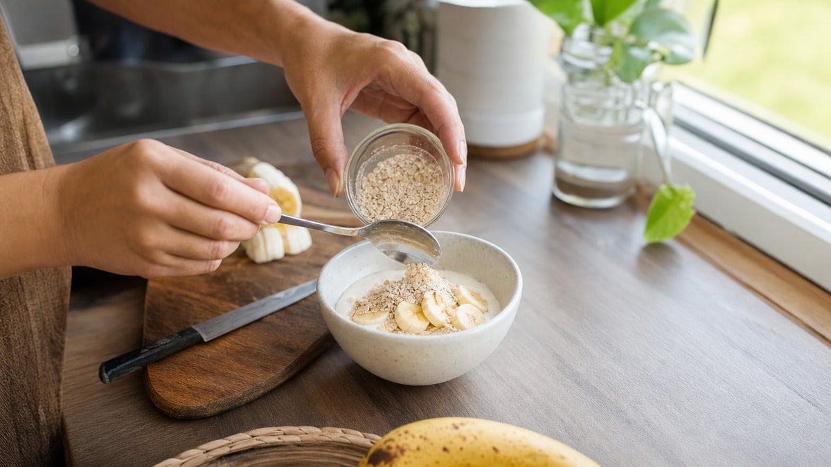 Primeiro passo prático Pessoa preparando um lanche simples com ingredientes frescos como primeiro passo de mudança alimentar