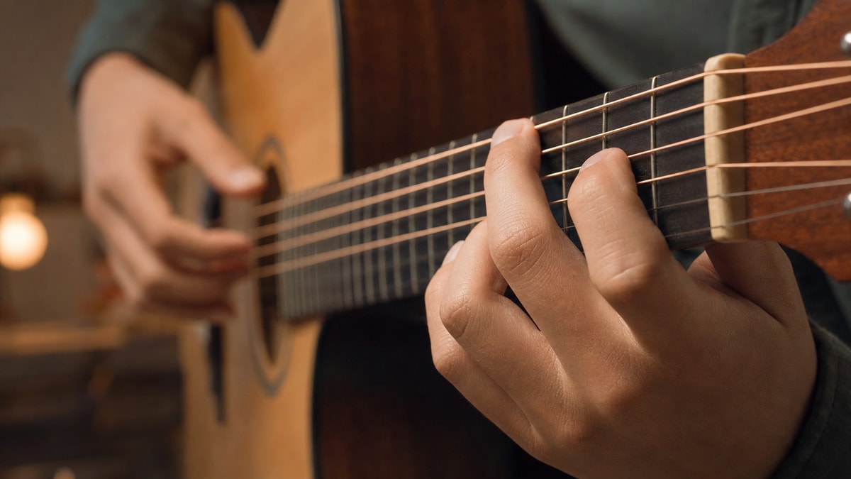 Mãos formando um acorde aberto nas primeiras casas do violão
