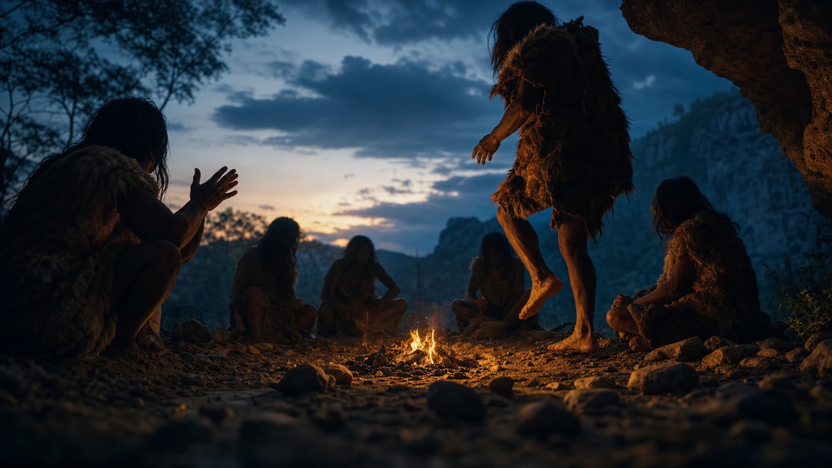 Grupo humano pré-histórico usando palmas, voz e batidas de pés para criar padrões sonoros coletivos