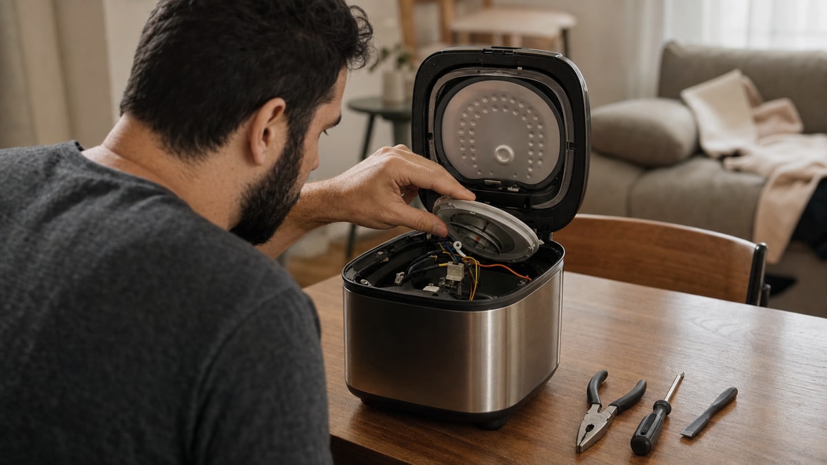 Produto com defeito Consumidor examinando um eletrodoméstico com sinal de defeito