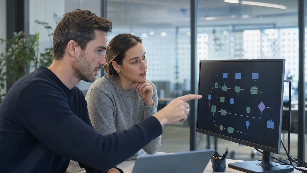 Dois profissionais de tecnologia conversando diante de um monitor para validar a integração de sistemas