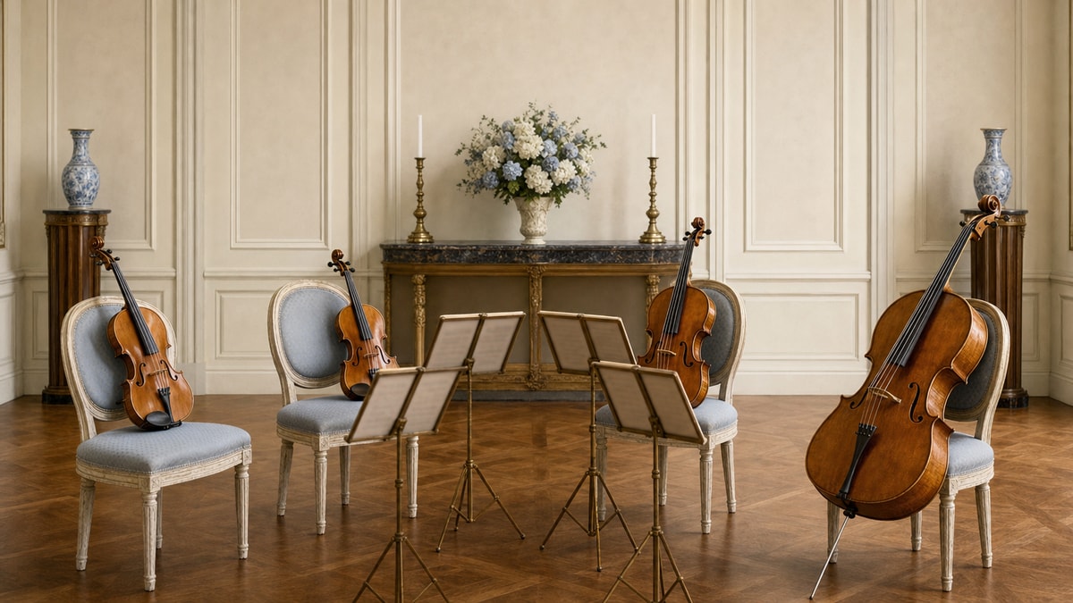Quarteto de cordas organizado em uma sala simétrica, representando o equilíbrio do Classicismo