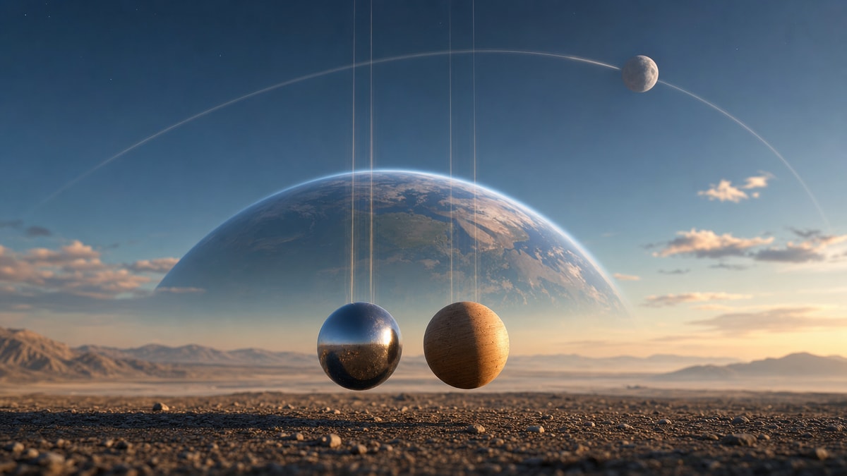 Da queda à órbita Duas esferas em queda relacionadas à órbita da Lua para ilustrar a gravitação universal