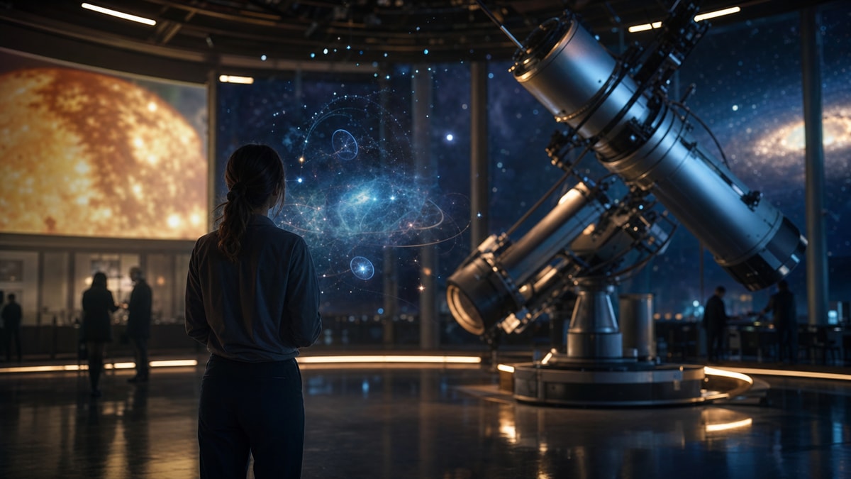 Os ramos da astronomia Pesquisadora observa um telescópio em um observatório dedicado ao estudo do Universo