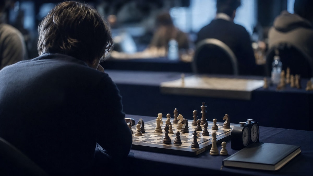 Jogador analisando uma posição complexa diante do tabuleiro em ambiente de torneio