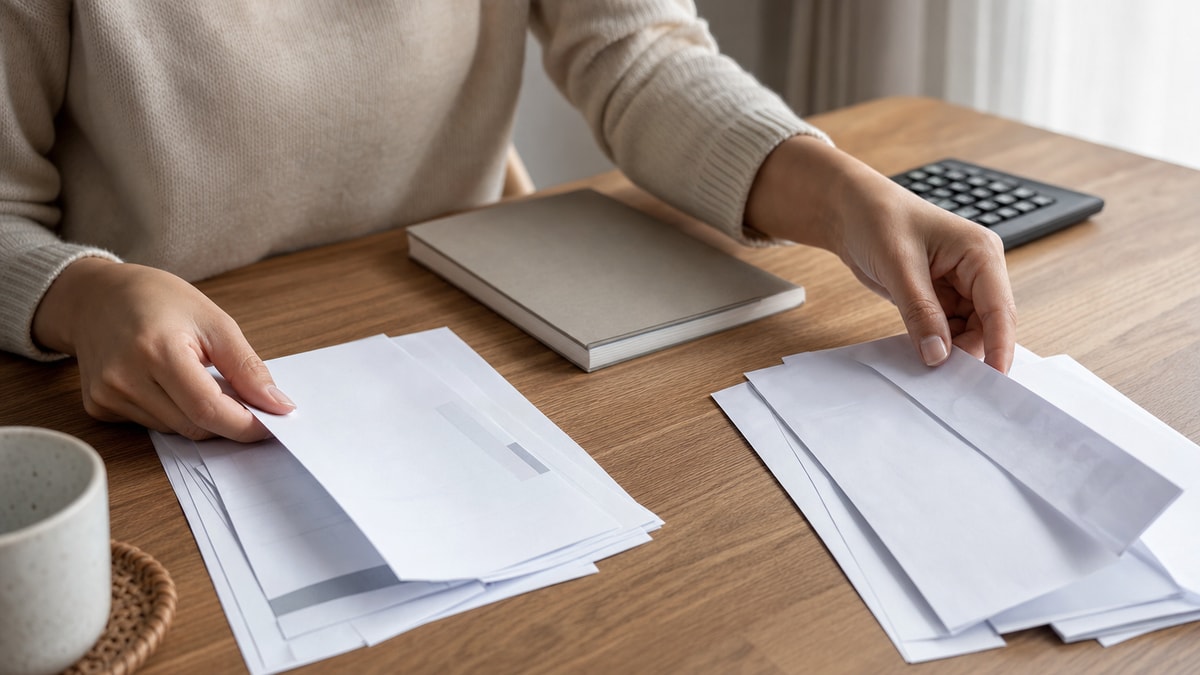 Registro das movimentações do mês Pessoa reunindo recibos e registros para levantar receitas e despesas do mês