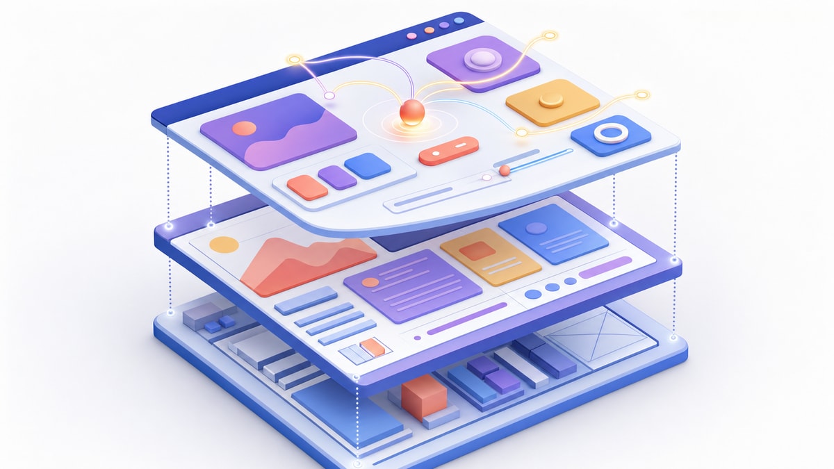 Ilustração em camadas mostrando como estrutura, aparência e comportamento formam uma página web