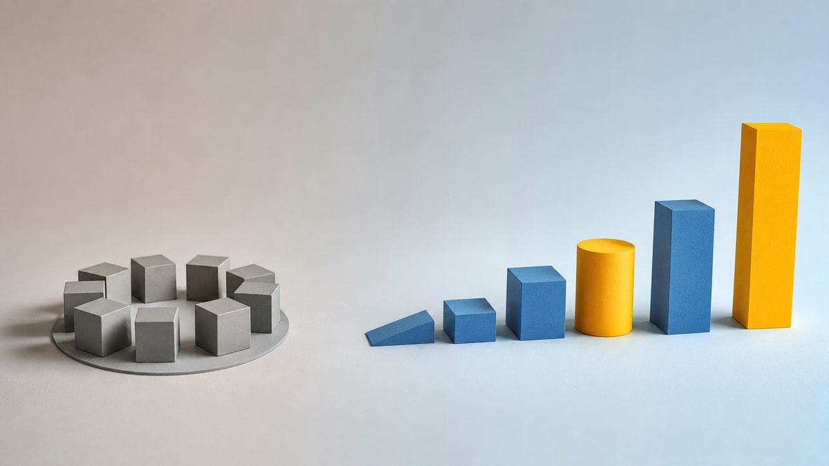 Da repetição à progressão Composição contrasta elementos repetidos com uma sequência variada que avança de forma organizada.