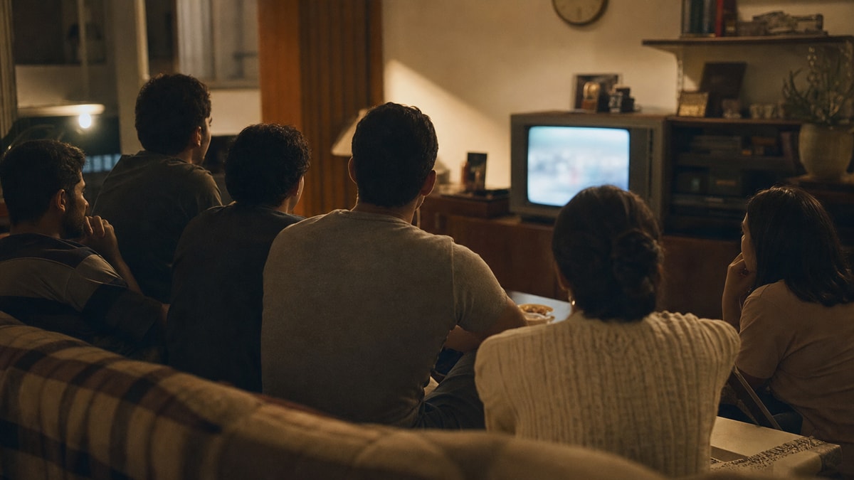 O ritual coletivo da TV Pessoas reunidas diante de uma televisão de tubo durante um horário de exibição nos anos 2000