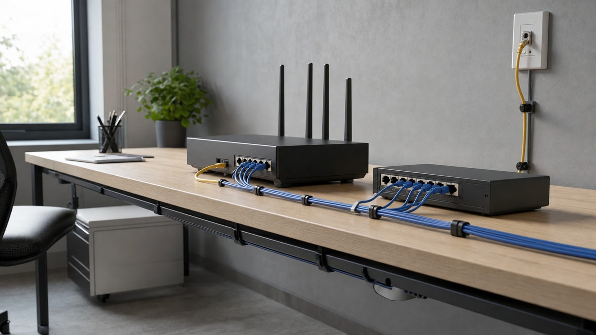 Roteador e equipamento de distribuição em rede local Roteador com antenas discretas e cabos de rede interligados em uma bancada de conectividade técnica.