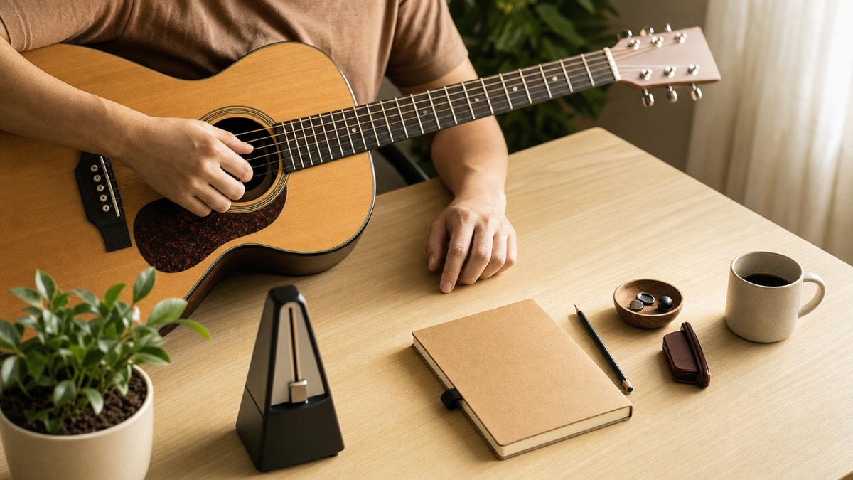 Sessão organizada de estudo de violão com instrumento e metrônomo