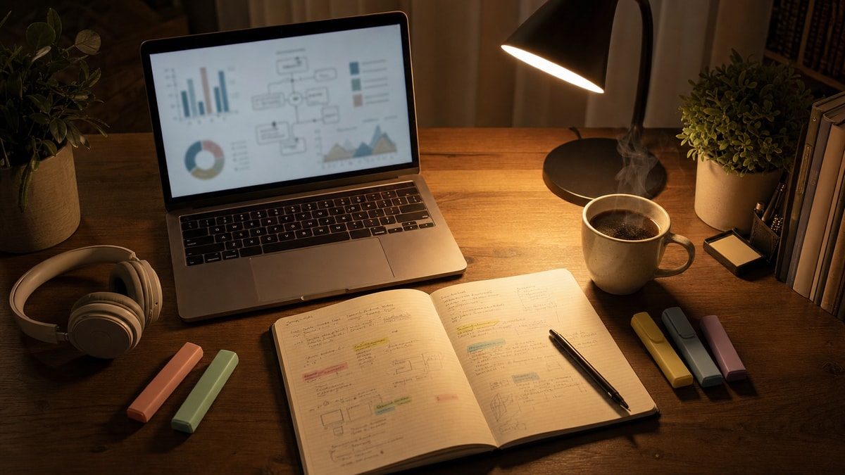 Ambiente de estudo estruturado Mesa de estudos organizada com notebook, caderno de anotações e luminária para preparação de exame.