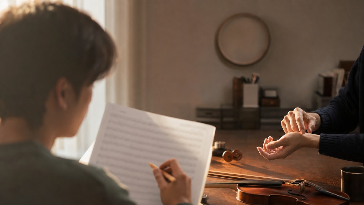 Pessoa praticando leitura musical em etapas curtas antes de tocar o instrumento