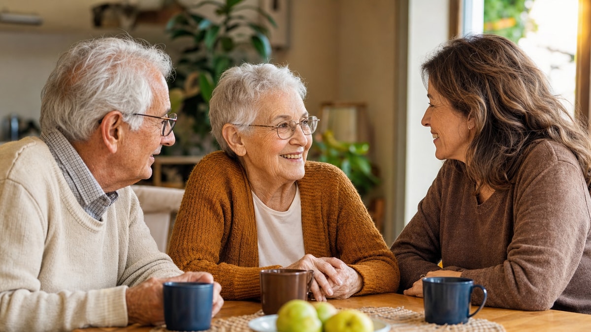 Convivência e bem-estar emocional Pessoa idosa participando de uma conversa acolhedora com familiares ou amigos