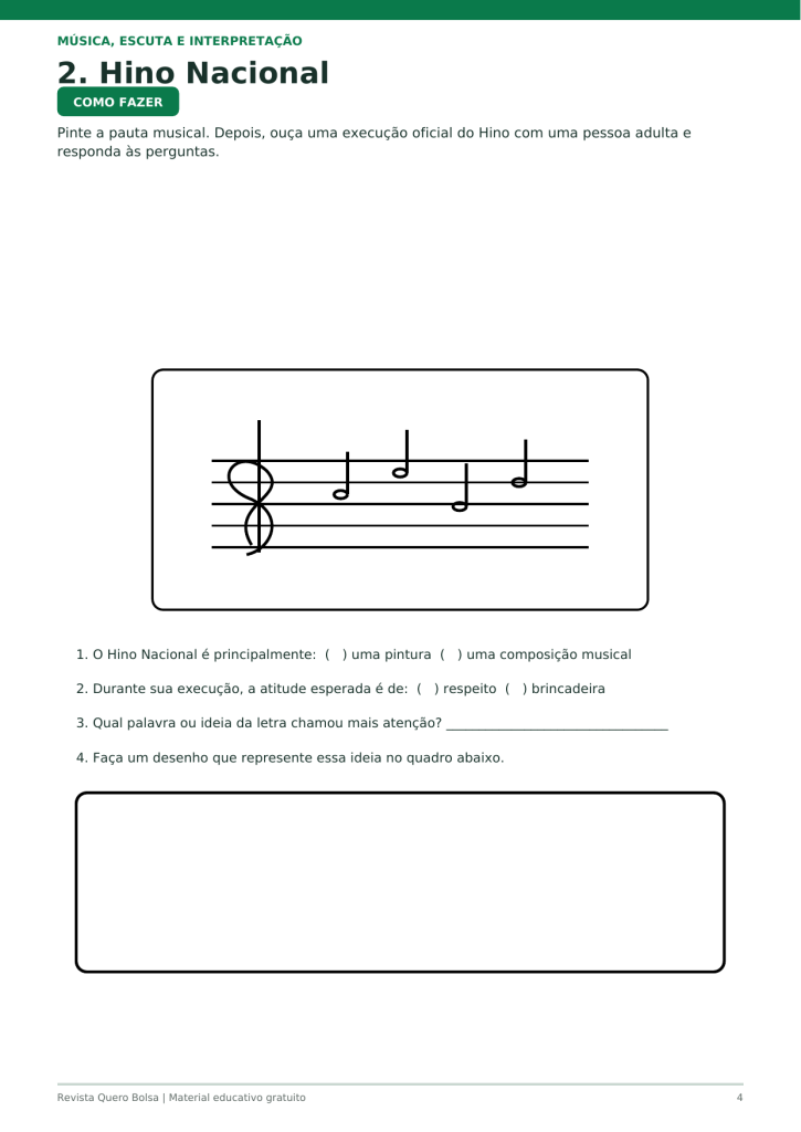 Atividade sobre o Hino Nacional com pauta musical para imprimir e colorir.