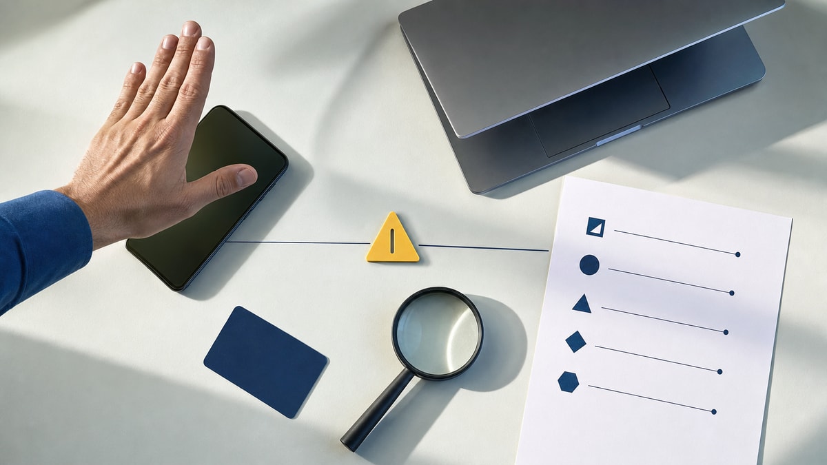 Pessoa interrompe um clique enquanto verifica sinais de alerta em dispositivos digitais