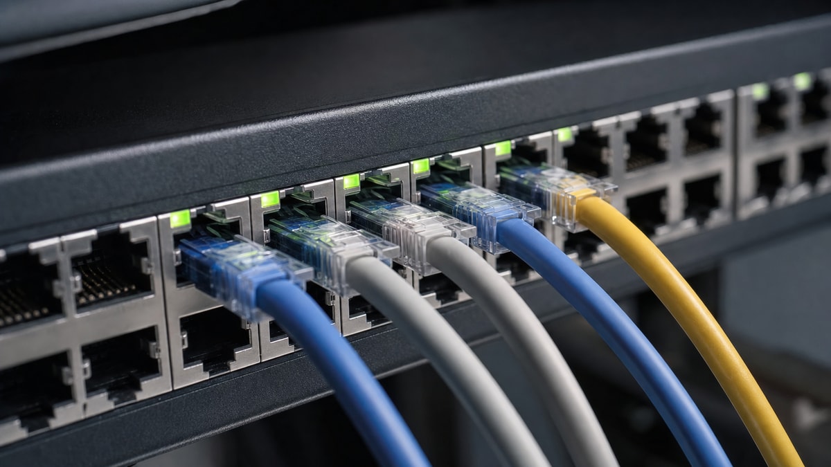 Portas de conexão em switch de rede local Portas RJ45 de um switch de rede com cabos de dados conectados e pequenas luzes indicadoras de atividade acesas.
