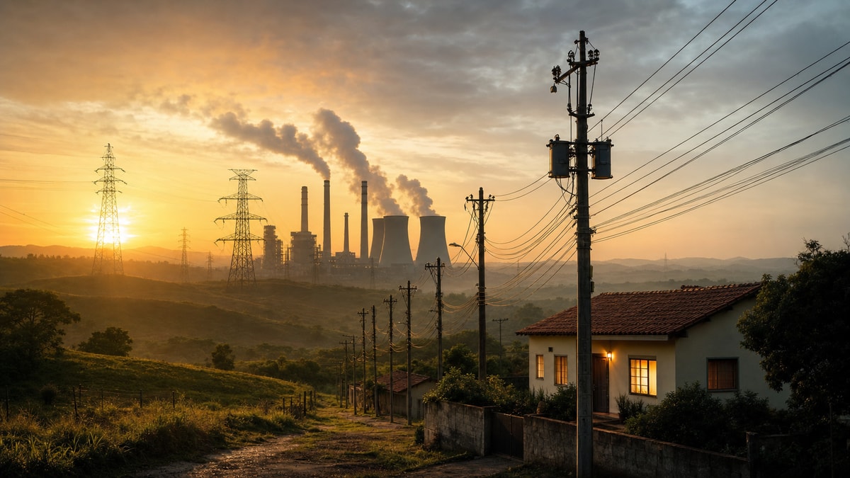 Geração e distribuição de energia Rede elétrica conectando a geração de energia à distribuição até uma residência