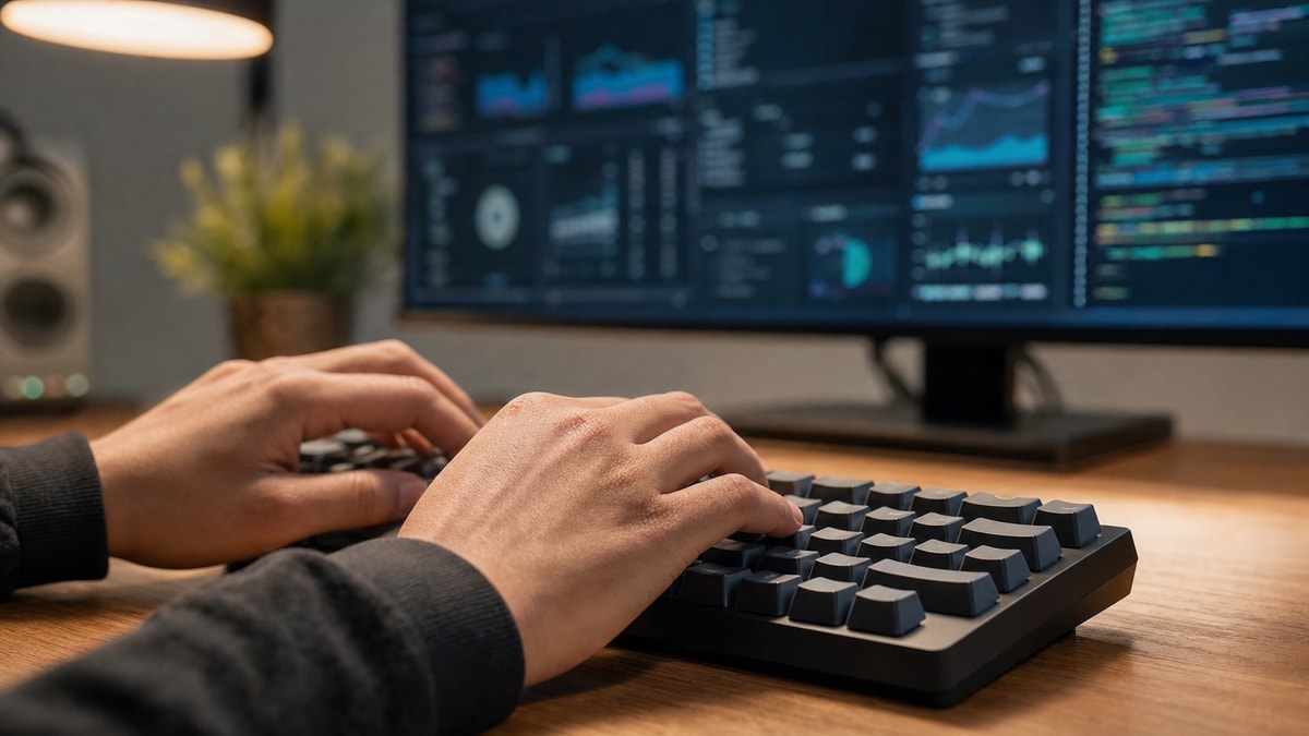 Mãos digitando em teclado mecânico com tela de terminal de comandos ao fundo com desfoque suave.