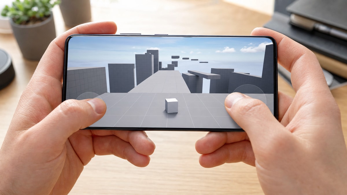 Teste de protótipo de jogo na tela do celular Mãos segurando um celular na horizontal para testar a resposta ao toque em um protótipo geométrico de jogo.