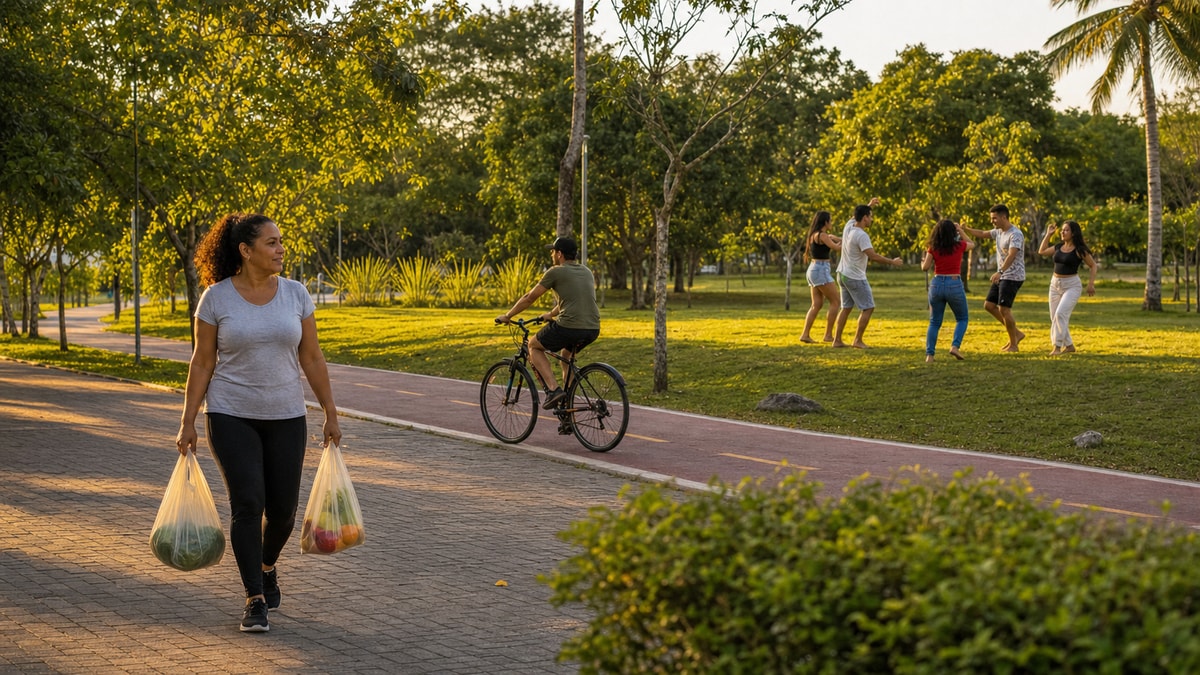 Diferentes formas de movimento Pessoas caminhando, pedalando e dançando em diferentes formas de atividade física
