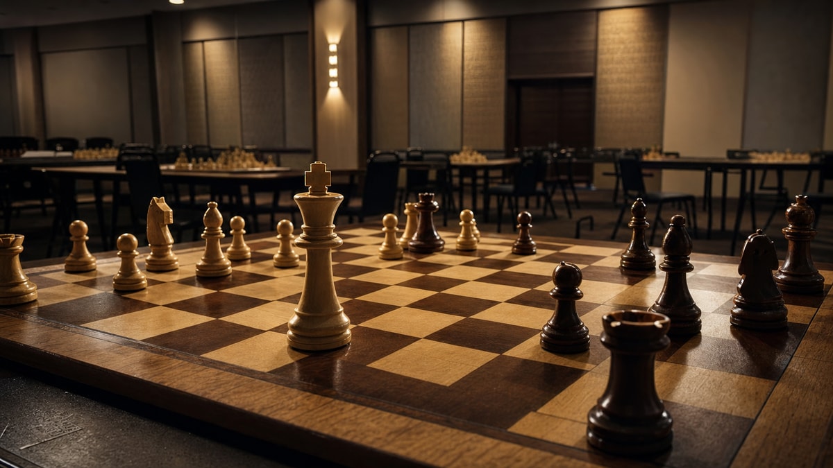 Peças de xadrez em uma sala de torneio, evocando o reconhecimento duradouro do título de Grande Mestre