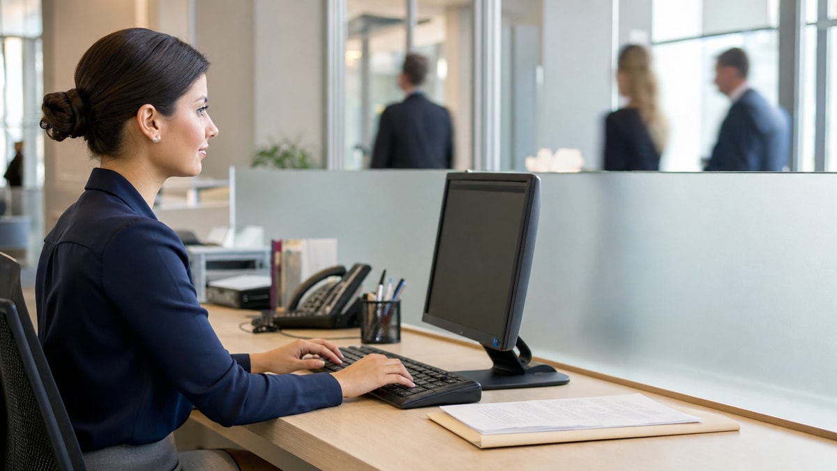 Tratamento de dados em rotinas administrativas Profissional organizando fichas e inserindo informações em computador na recepção de um serviço de atendimento.